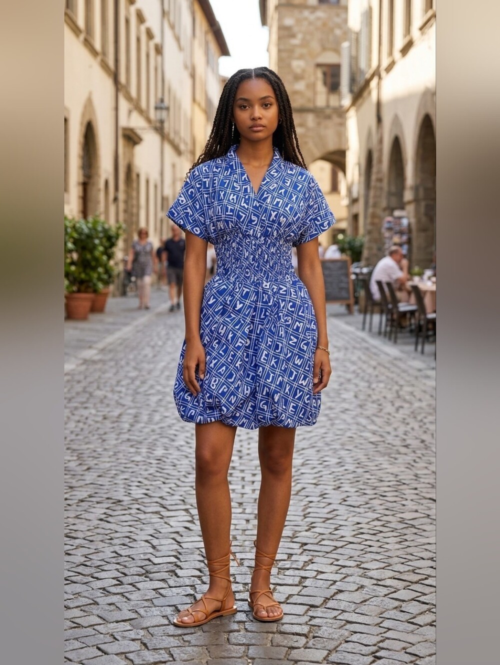 Blue Patterned Short Sleeve Smocked Waist Dress